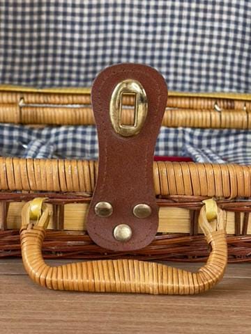 Vintage Wicker Picnic Basket with Red Flatware, Blue Gingham Lining, Cottage Kitchen Decor