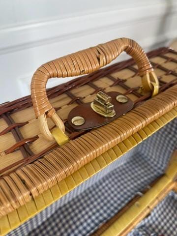 Vintage Wicker Picnic Basket with Red Flatware, Blue Gingham Lining, Cottage Kitchen Decor