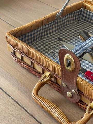 Vintage Wicker Picnic Basket with Red Flatware, Blue Gingham Lining, Cottage Kitchen Decor