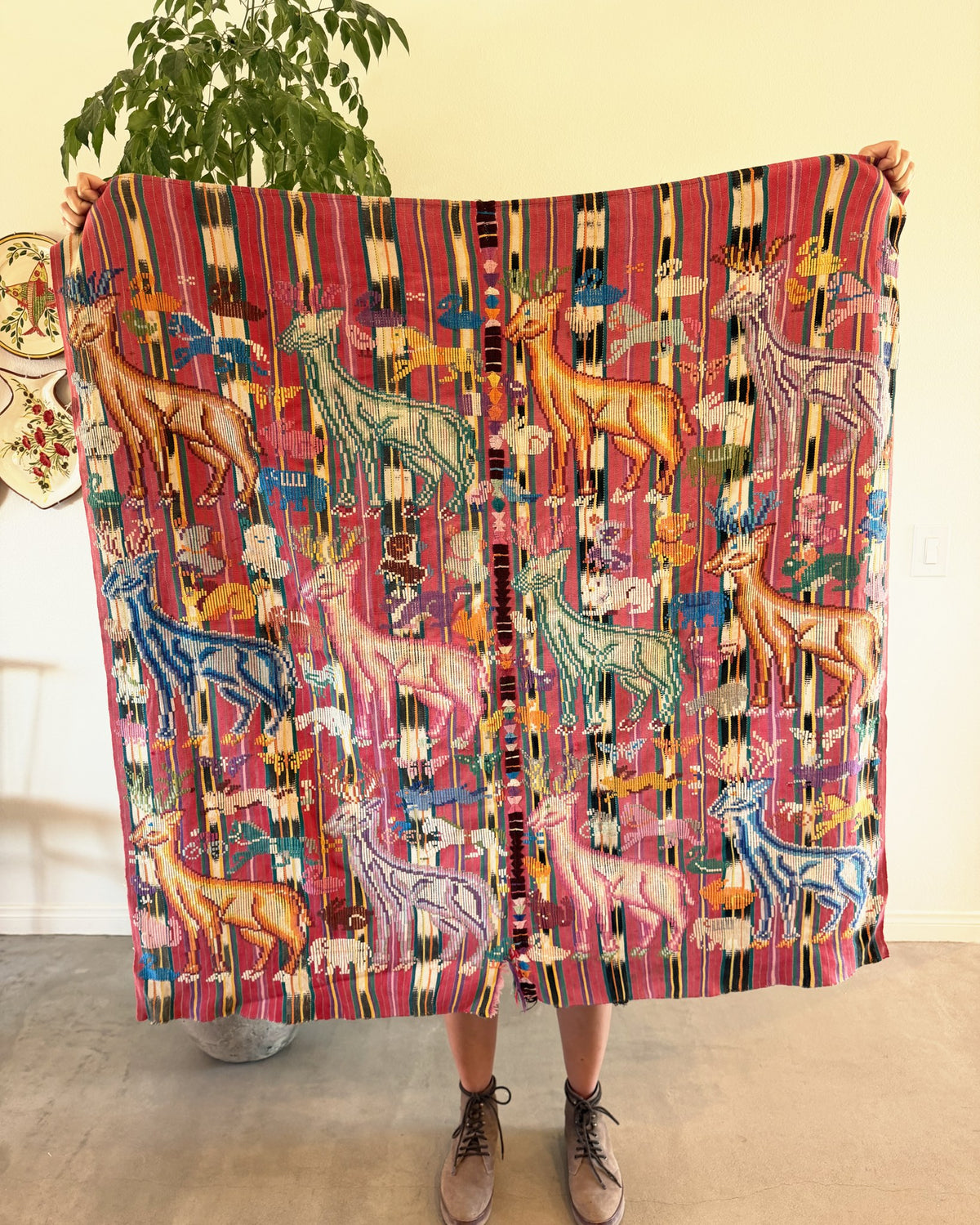 Vintage Guatemalan handwoven cotton textile with embroidered deer on a striped ground