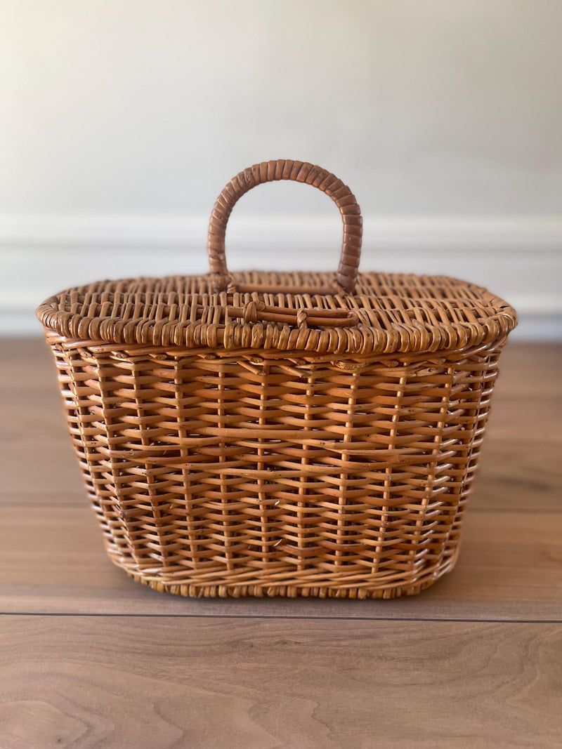 Vintage Portuguese Wicker Picnic Basket with Lid