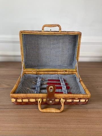 Vintage Wicker Picnic Basket with Red Flatware, Blue Gingham Lining, Cottage Kitchen Decor