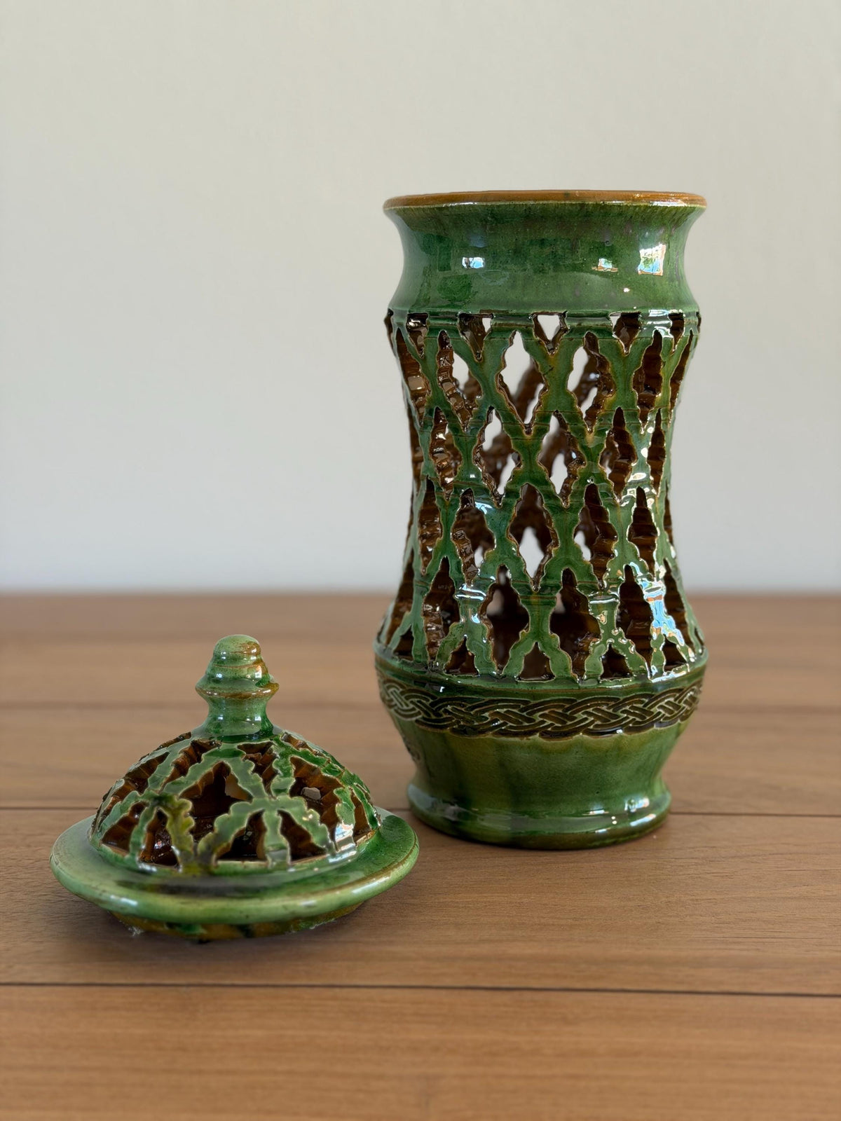 Vintage Spanish Pierced Ceramic Lantern Vase