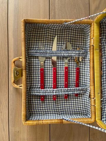 Vintage Wicker Picnic Basket with Red Flatware, Blue Gingham Lining, Cottage Kitchen Decor