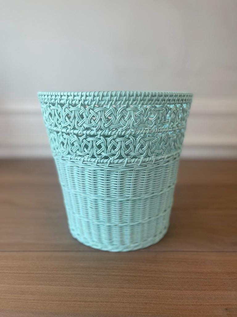 Vintage Seafoam Wicker Wastebasket