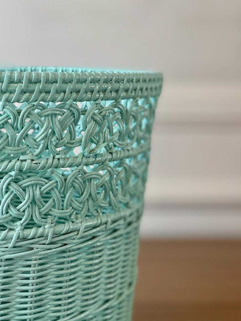 Vintage Seafoam Wicker Wastebasket