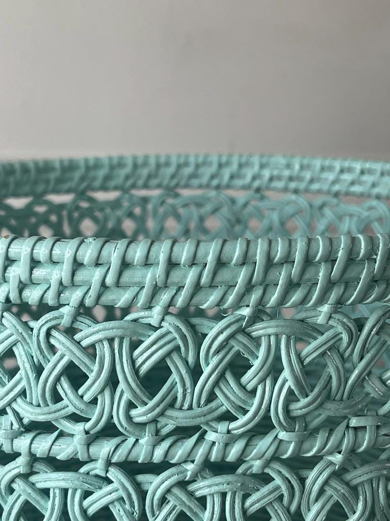 Vintage Seafoam Wicker Wastebasket