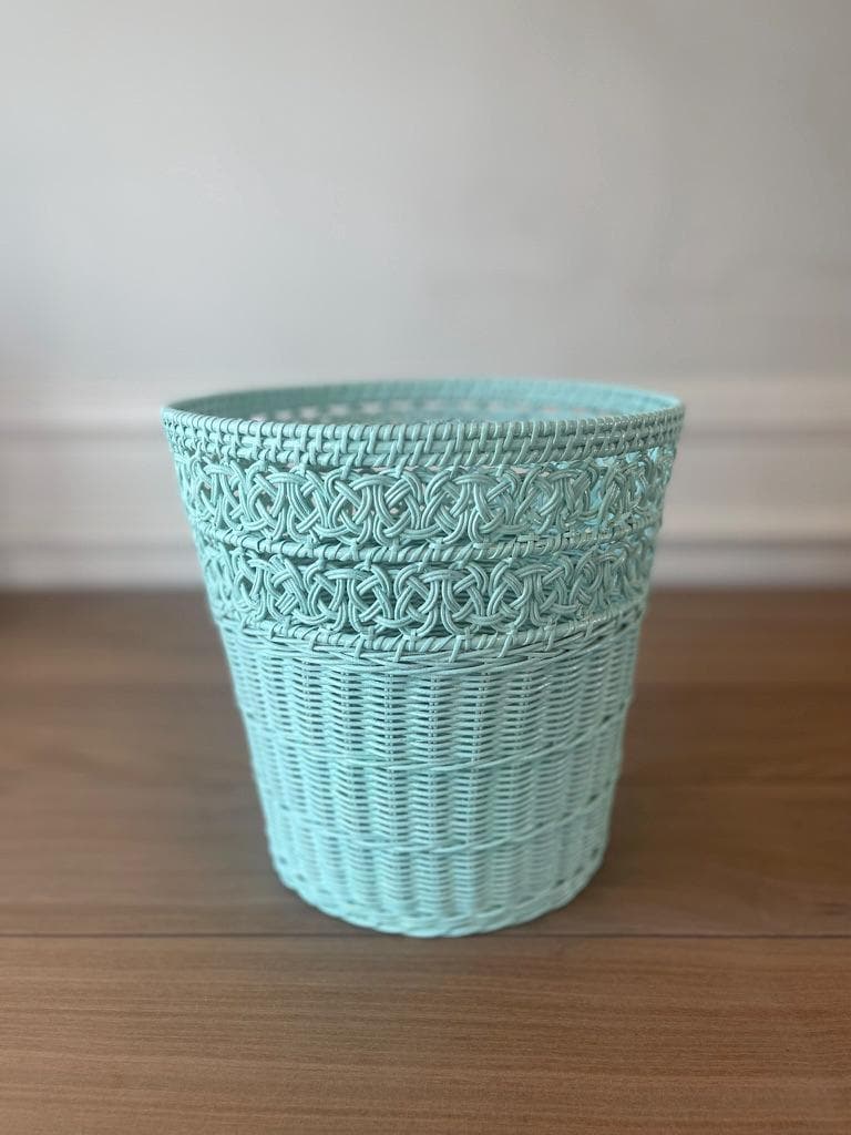 Vintage Seafoam Wicker Wastebasket